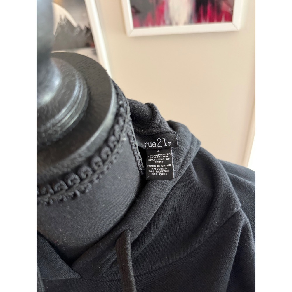 rue21 Womens Good Vibes Graphic Hoodie Black Checkered Sleeve Sweatshirt Small - Picture 3 of 3